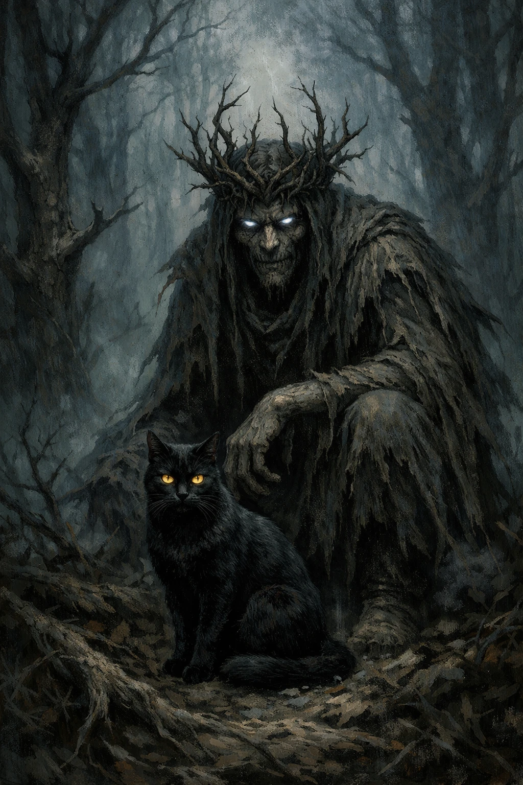 Gaunt Forest Monster With Crown And Black Cat Companion