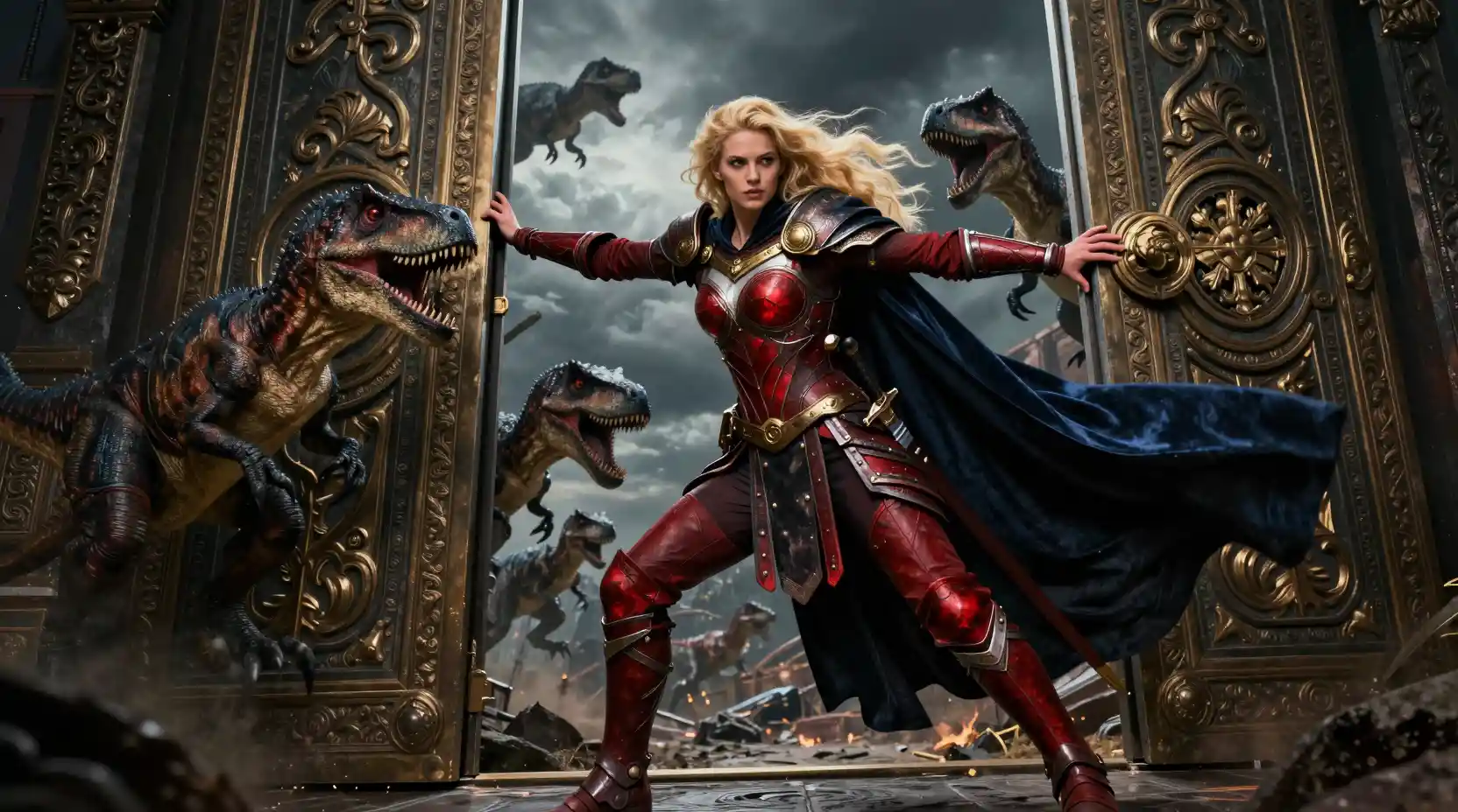 Blonde warrior woman opening ancient doors to battle raptors