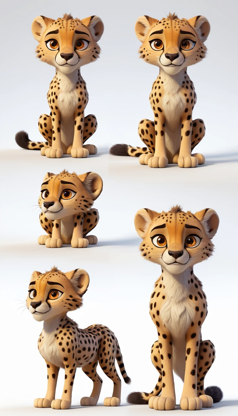 Cute 3D cheetah character sheet with expressive poses