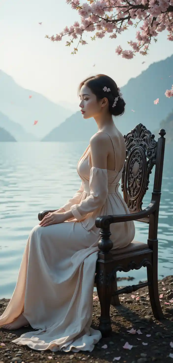Japanese woman in pastel dress by a misty lakeside