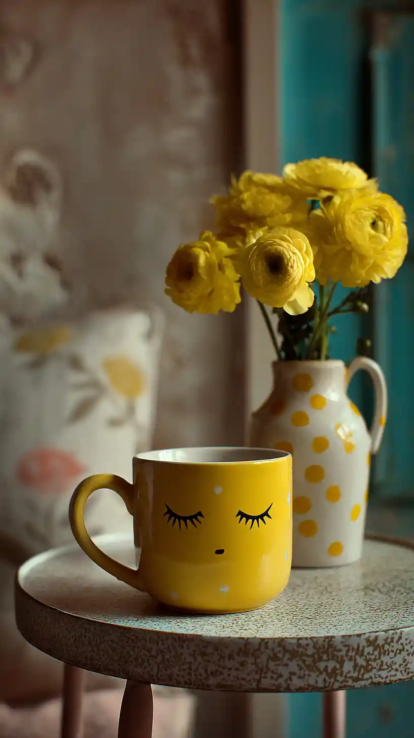 Yellow cup and dahlias on a small table in a cozy kitchen