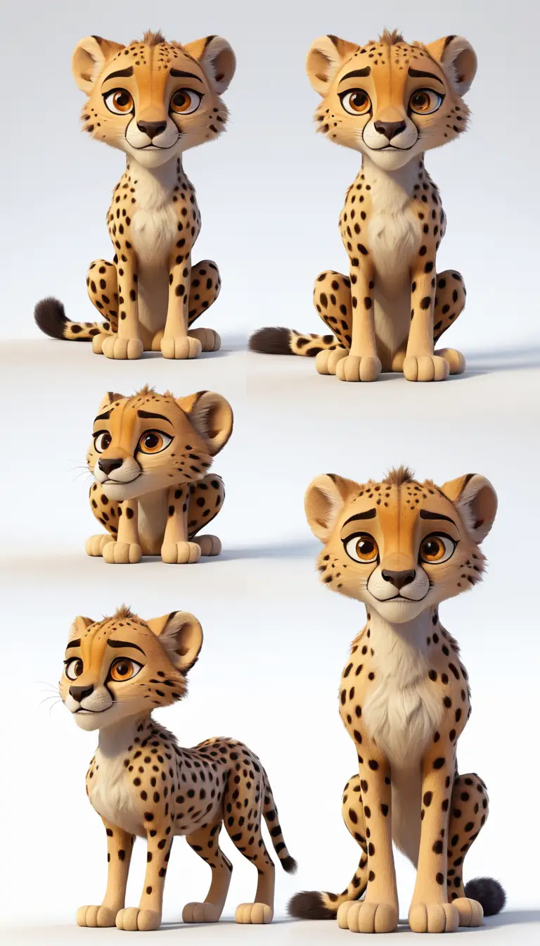 Cute 3D cheetah character sheet with expressive poses