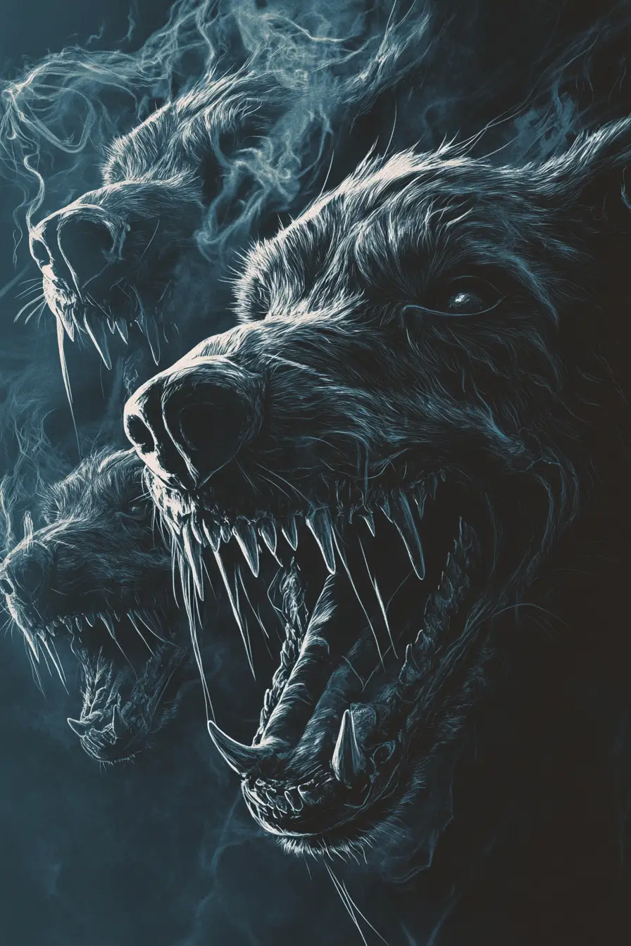 Creepy human like dogs with gaping jaws in smoky blue haze