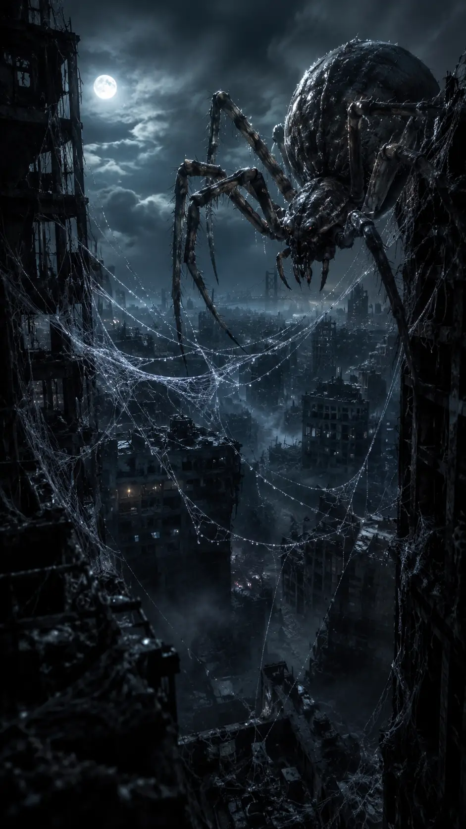 Ancient spider weaving moonlit web over foggy city