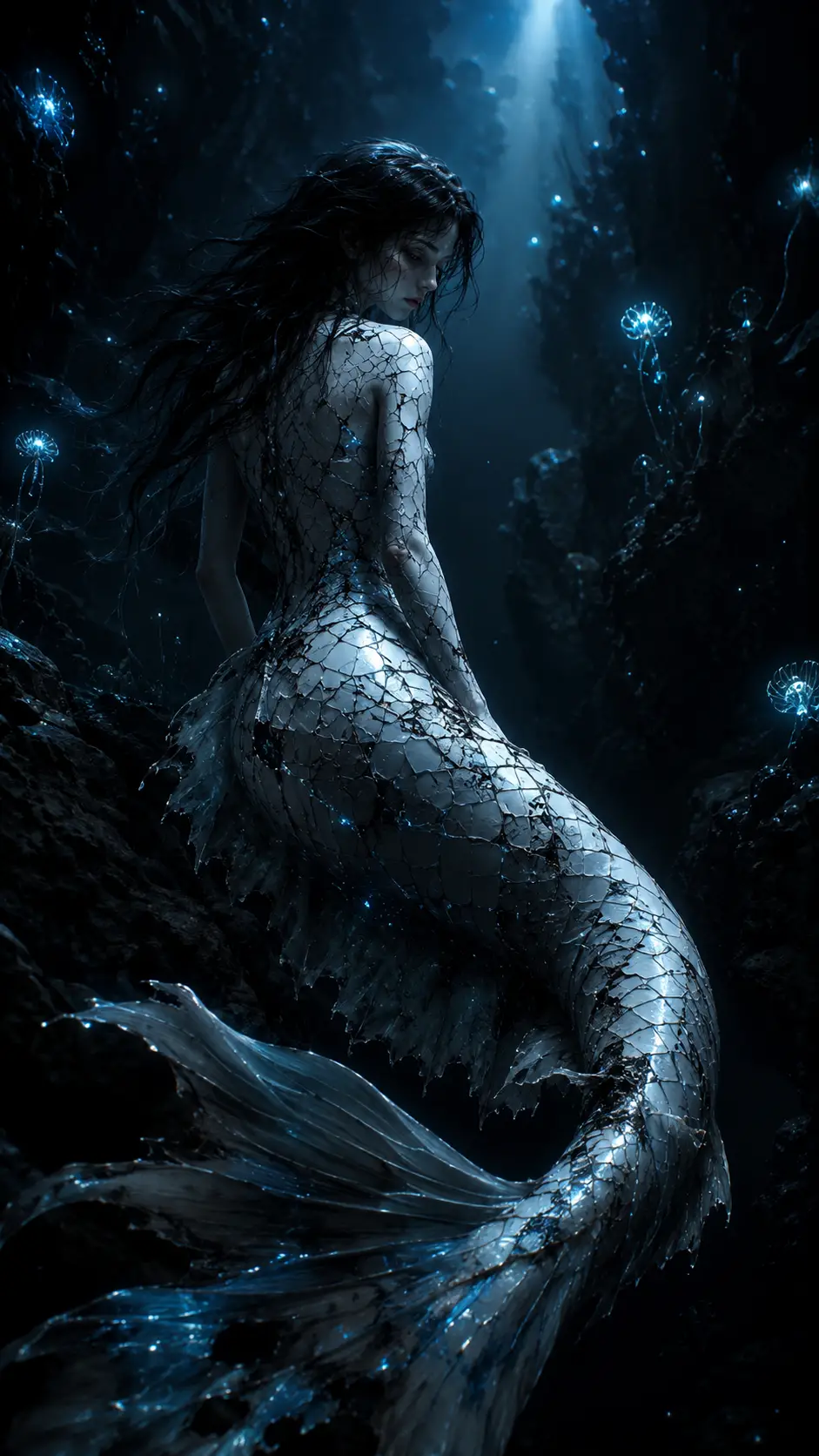 Melancholic mermaid drifting alone in a glowing abyss