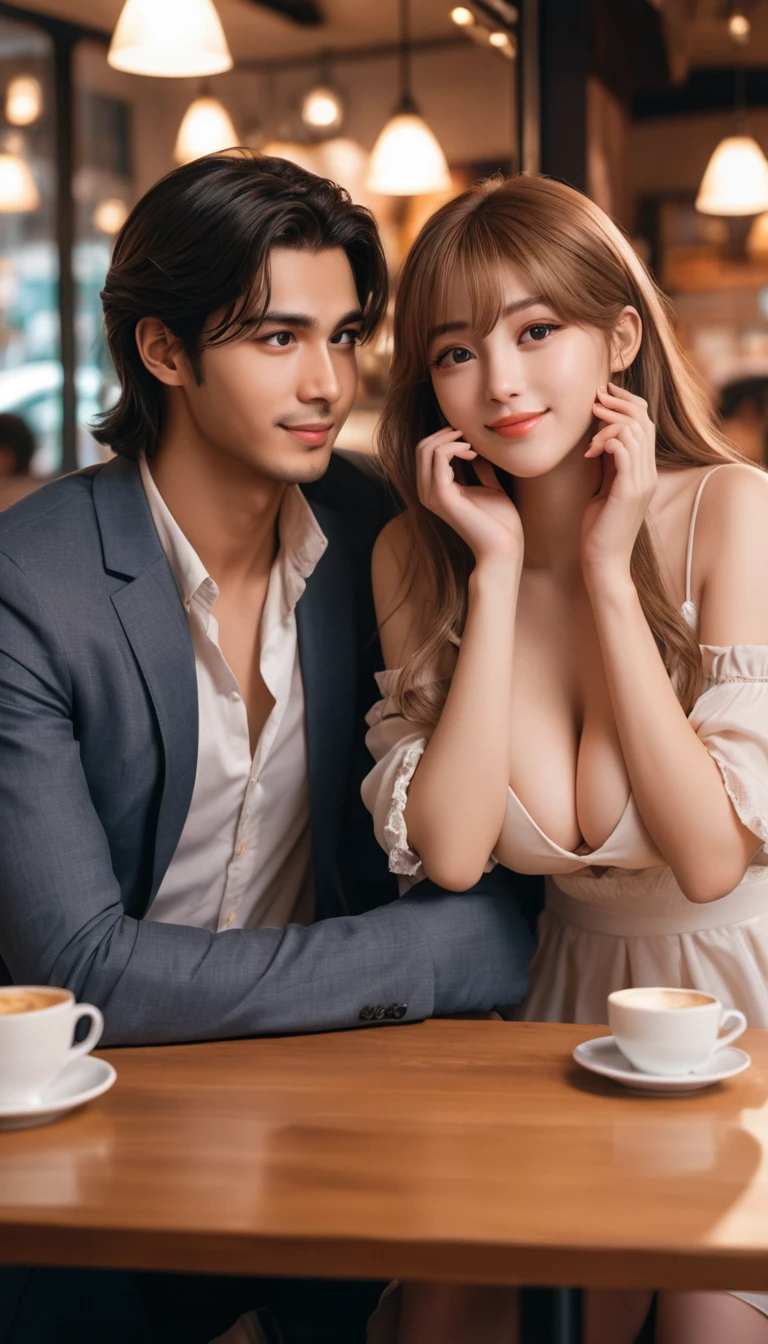 Playful anime girl surprising a young man in a cafe