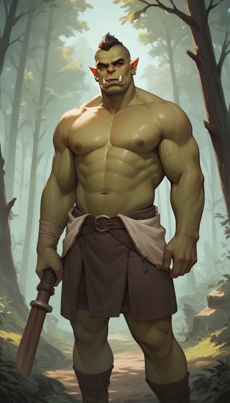 Orc warrior shown in strong side profile within a forest