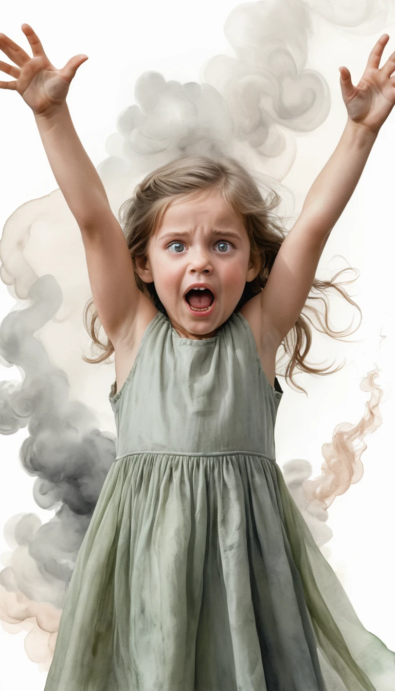 Surprised young girl with smoke hair in watercolor portrait