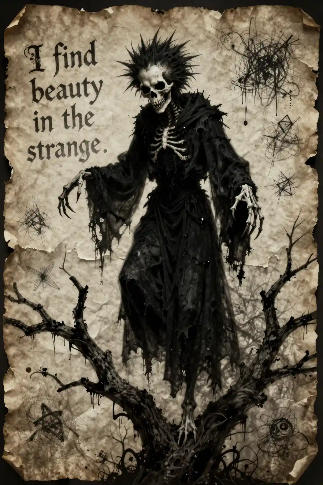 Creepy skeletal figure hovering on a twisted tree