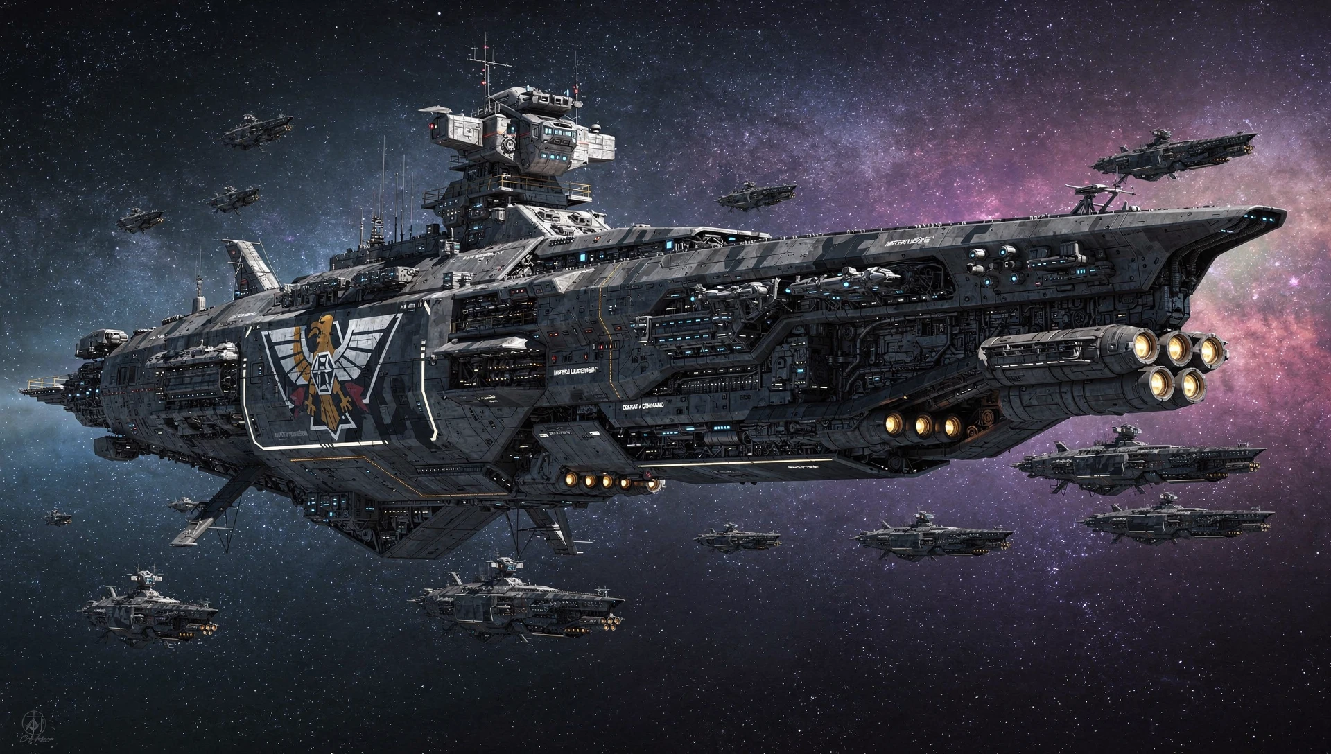 Colossal space dreadnought warship in deep starfield