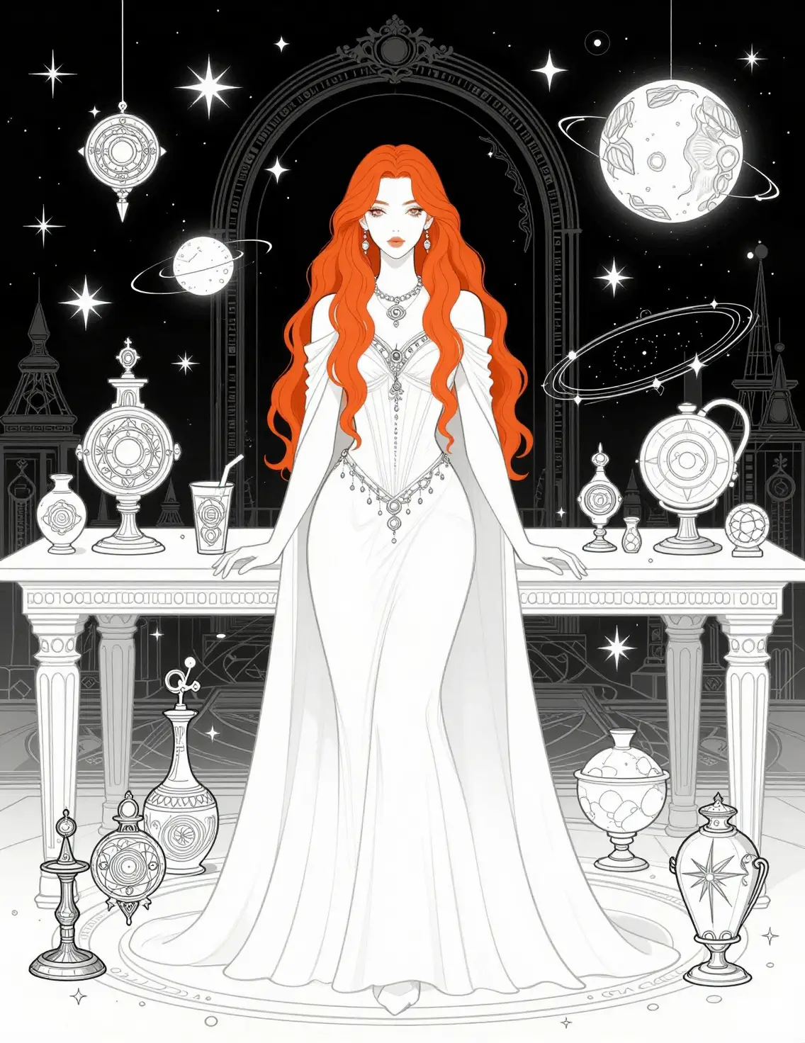 Red haired sorceress in a lavish astronomy chamber