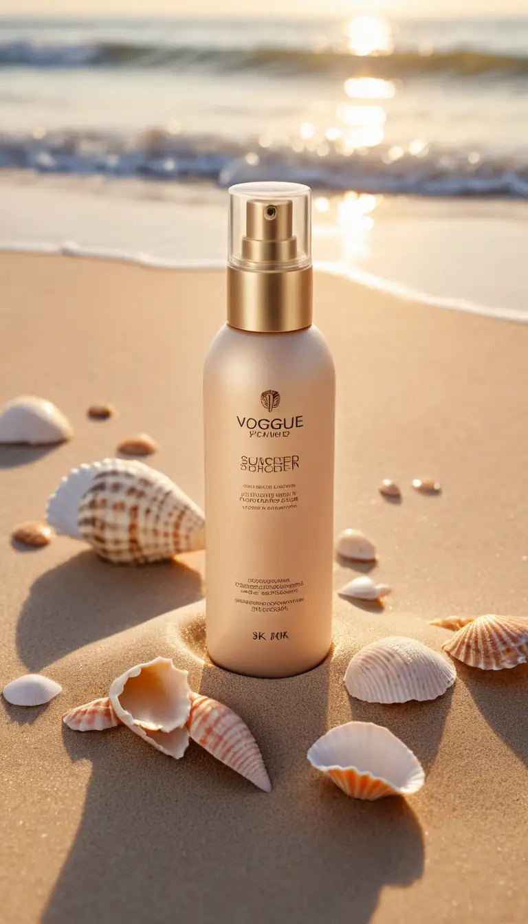 Sunscreen bottle on wet beach sand at golden sunset