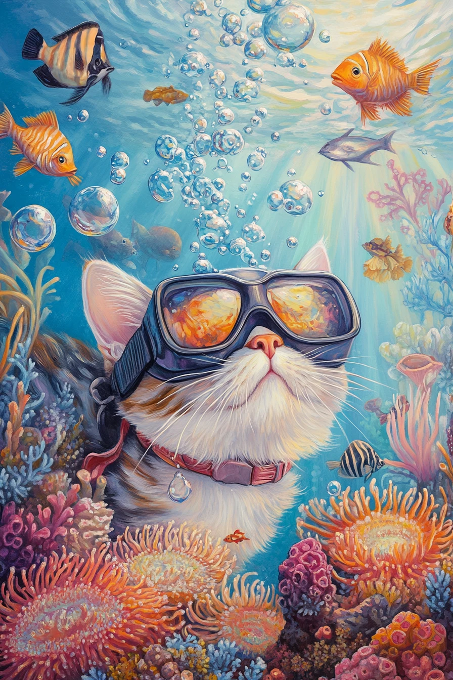 Cat snorkeling playfully among colorful fish and anemones