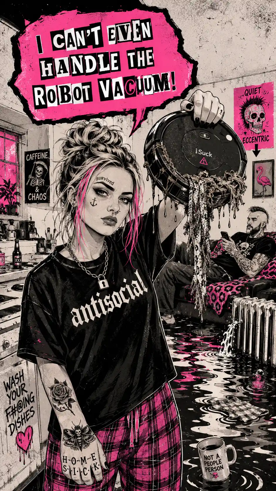 Punk zine style woman holding broken robot vacuum