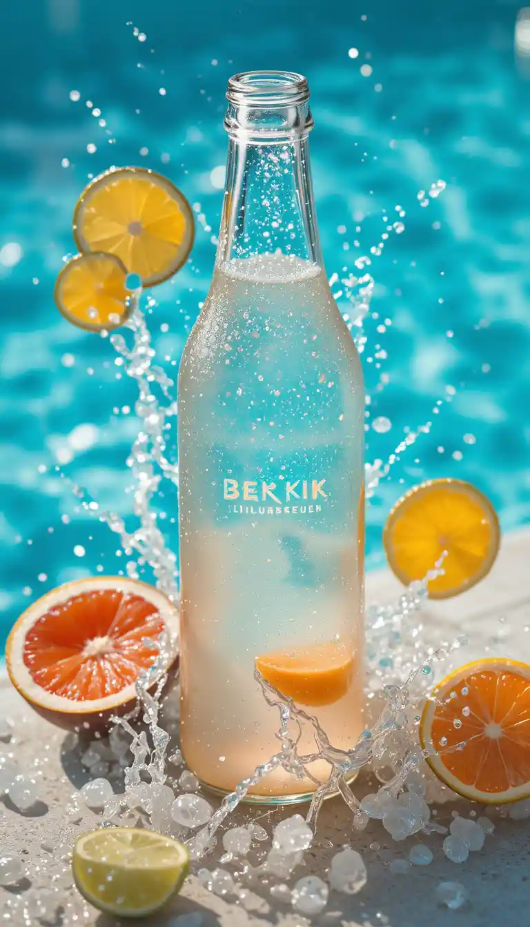 Tropical drink bottle by turquoise swimming pool with splashing water