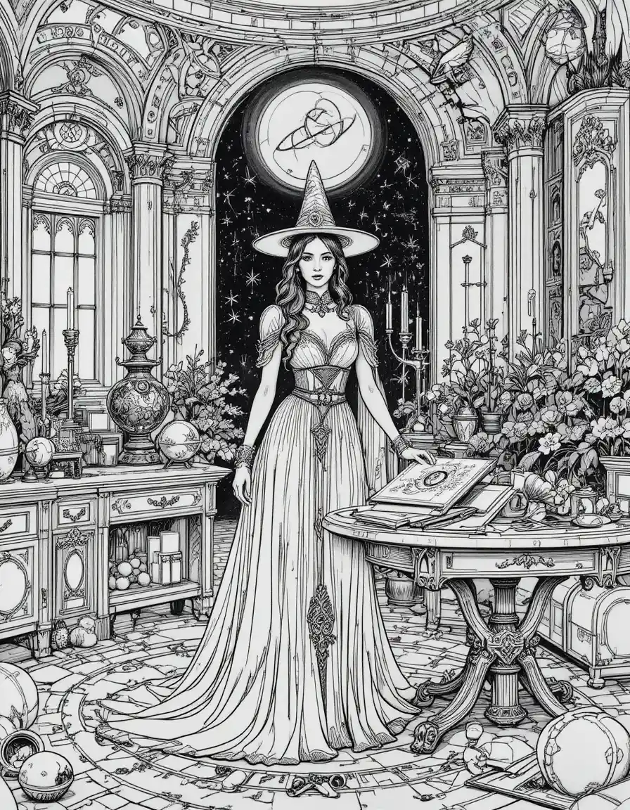 Redhead sorceress in a medieval astronomy chamber