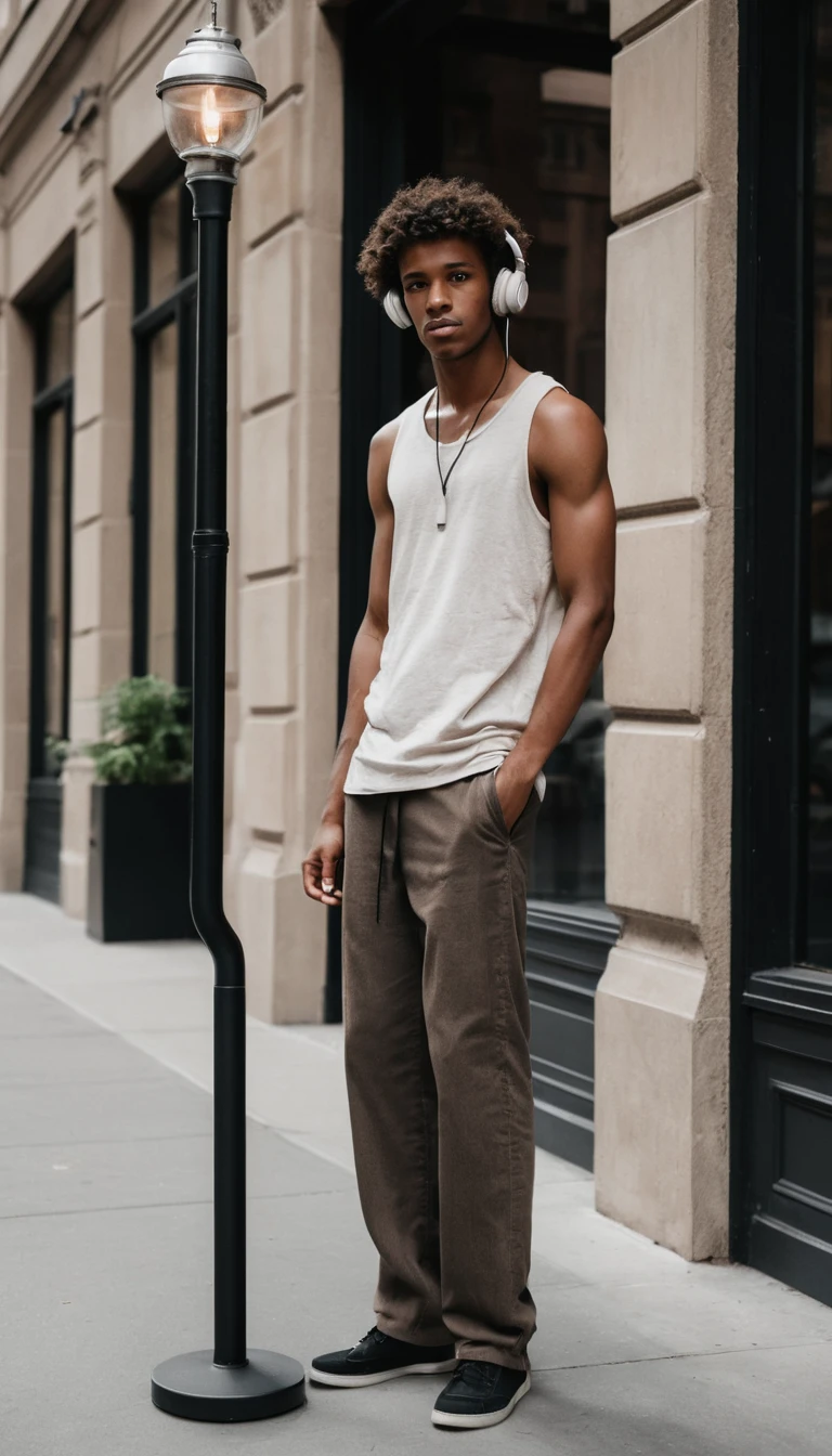 Young man with headphones leaning on a city lamp post