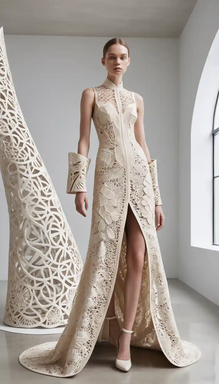 Avant garde couture model in sculptural cream lace gown