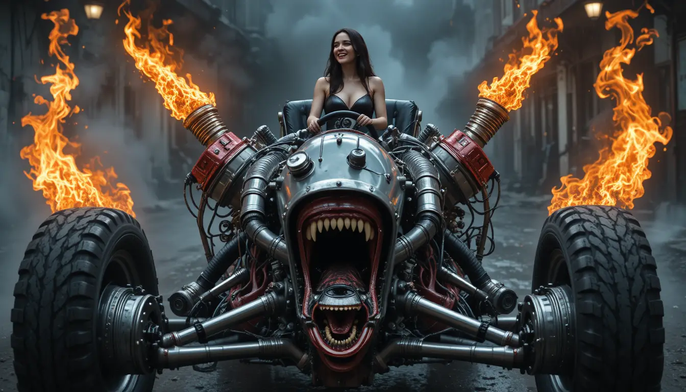 Possessed V8 engine hot rod with demonic driver