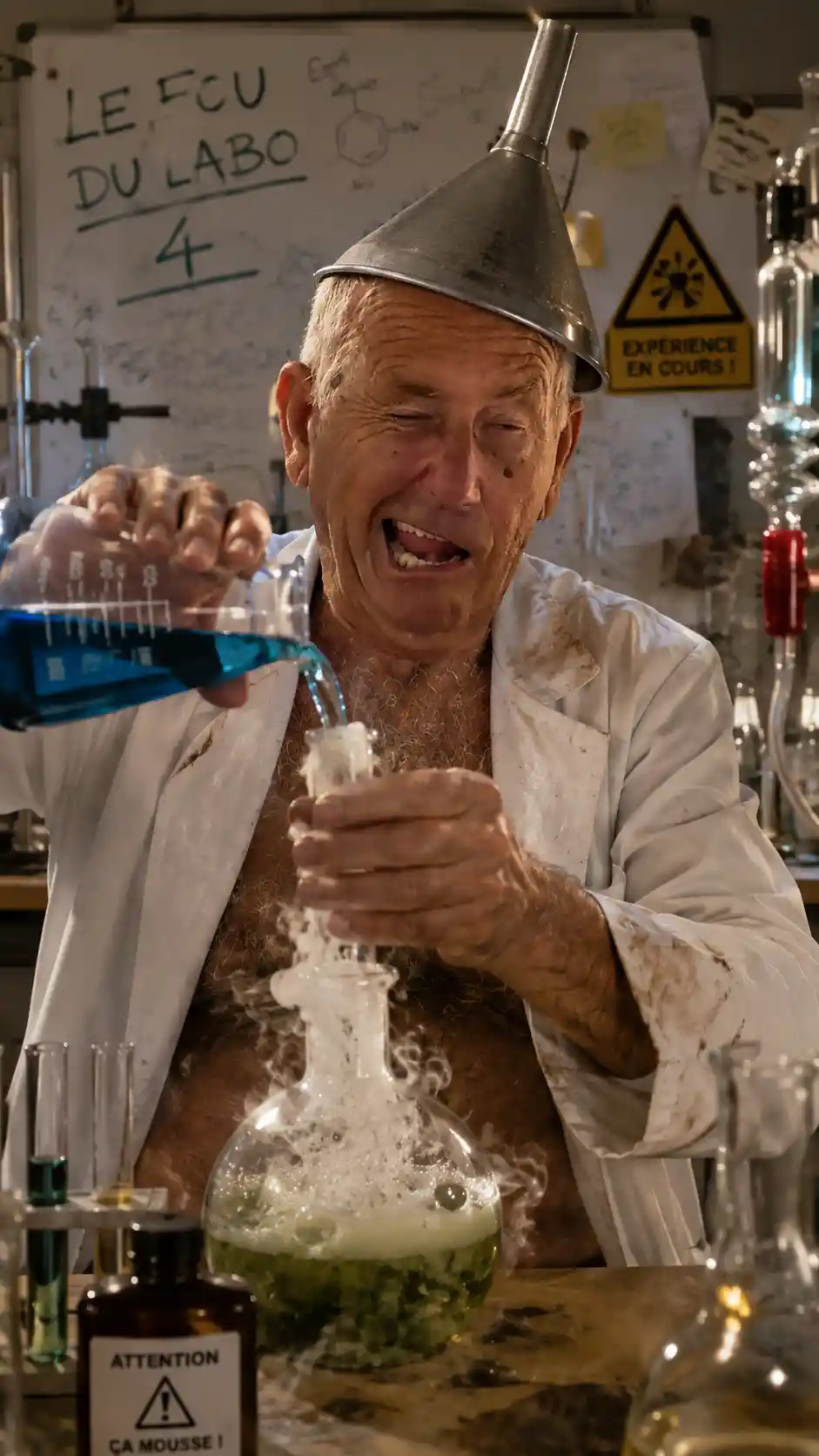 Eccentric scientist with funnel hat working in a lab experiment