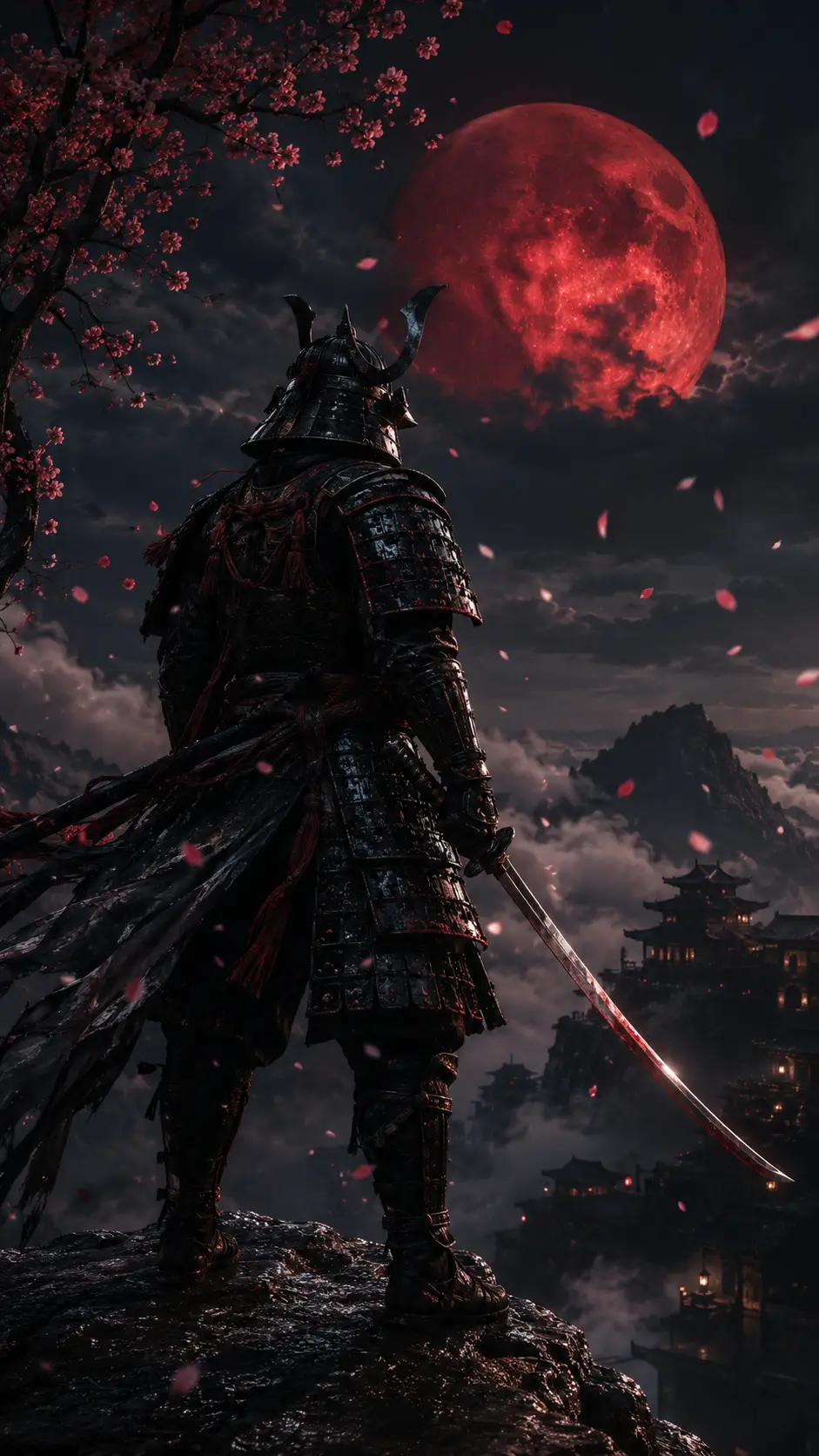 Lone samurai on a foggy mountain under a red moon