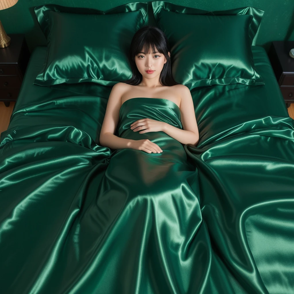Japanese woman lying on emerald green satin bed sheets
