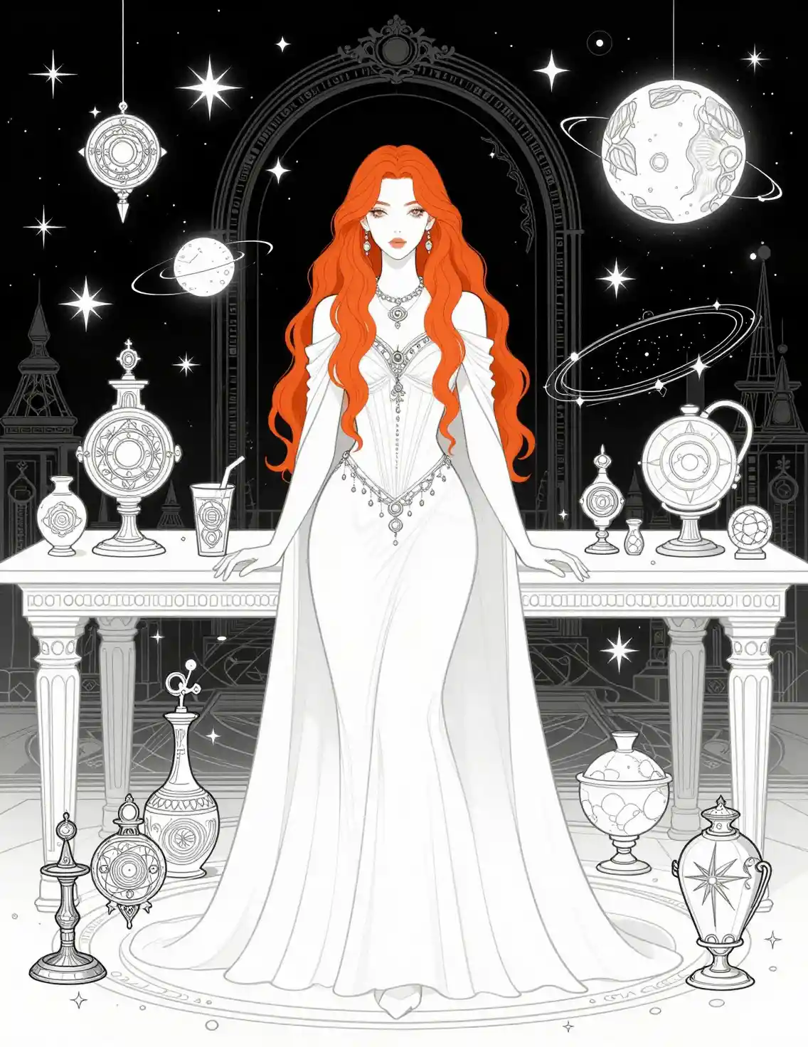 Red haired sorceress in a lavish astronomy chamber