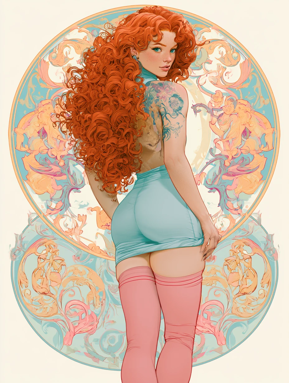 Elegant woman in pastel skirt with flowing red hair