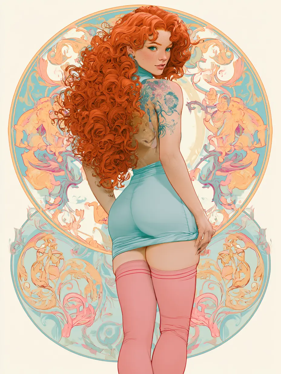 Elegant woman in pastel skirt with flowing red hair