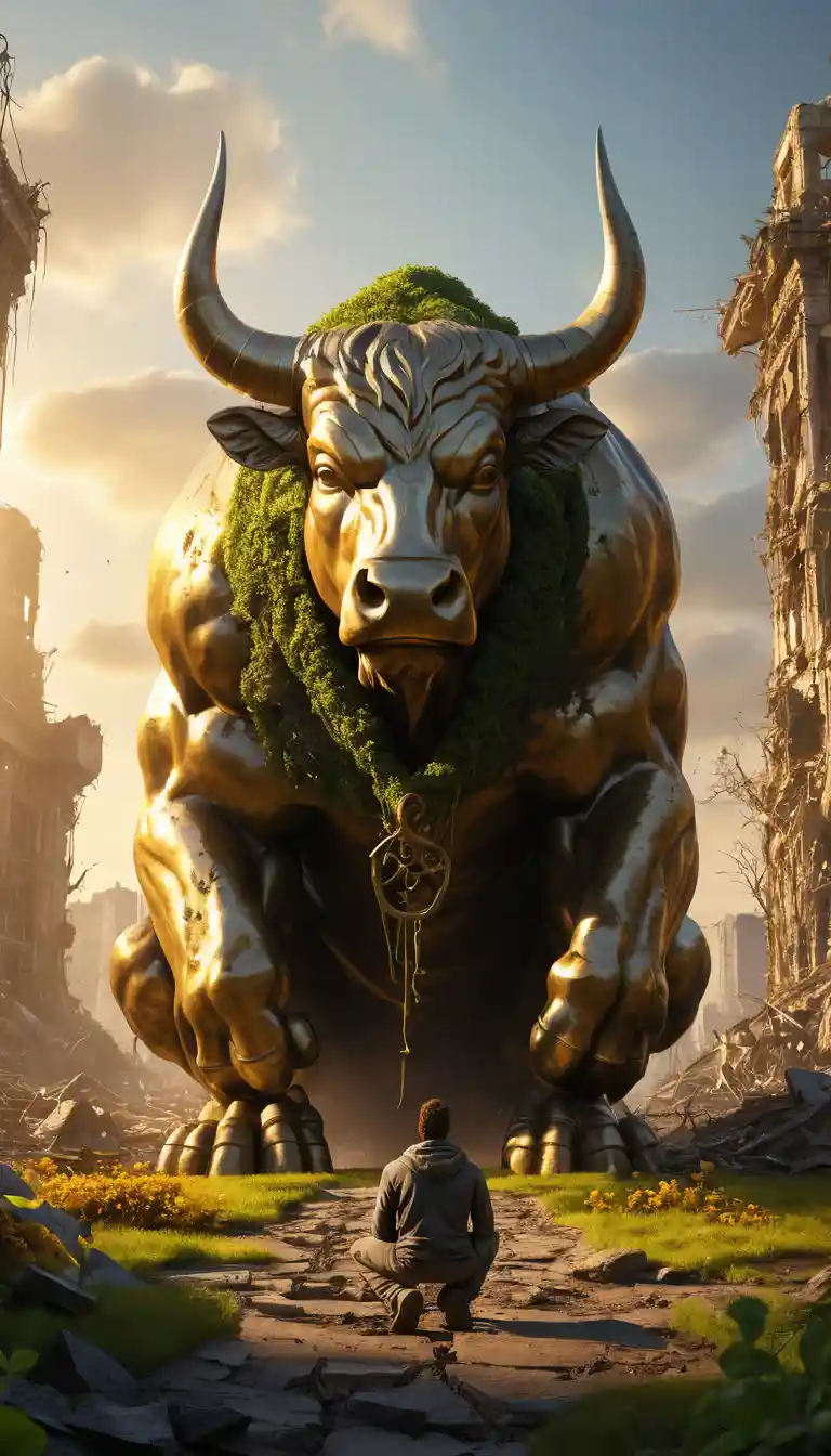 Man kneeling before golden bull statue at sunset ruins