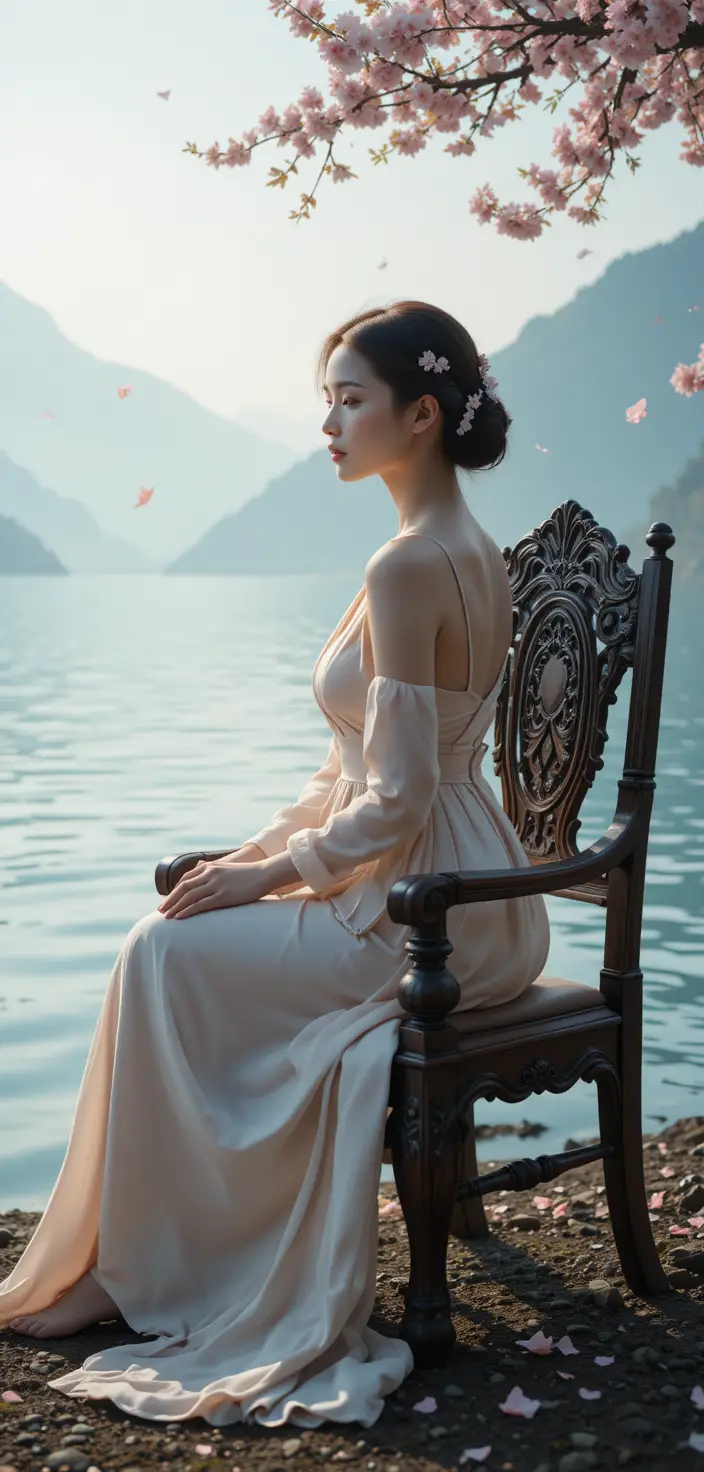Japanese woman in pastel dress by a misty lakeside