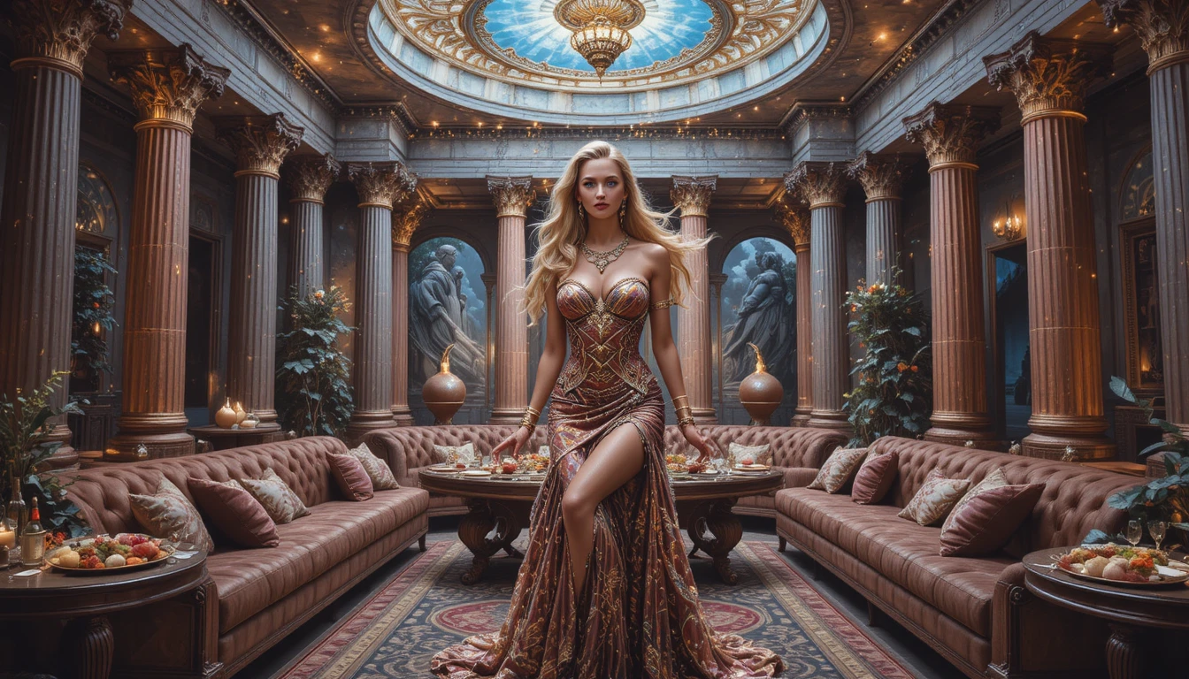 Greek goddess reclining in a luxurious cloud temple feast