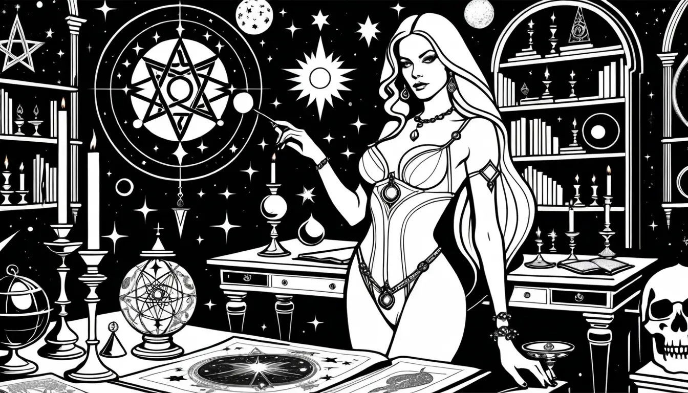Blonde sorceress in a luxurious astronomy themed chamber