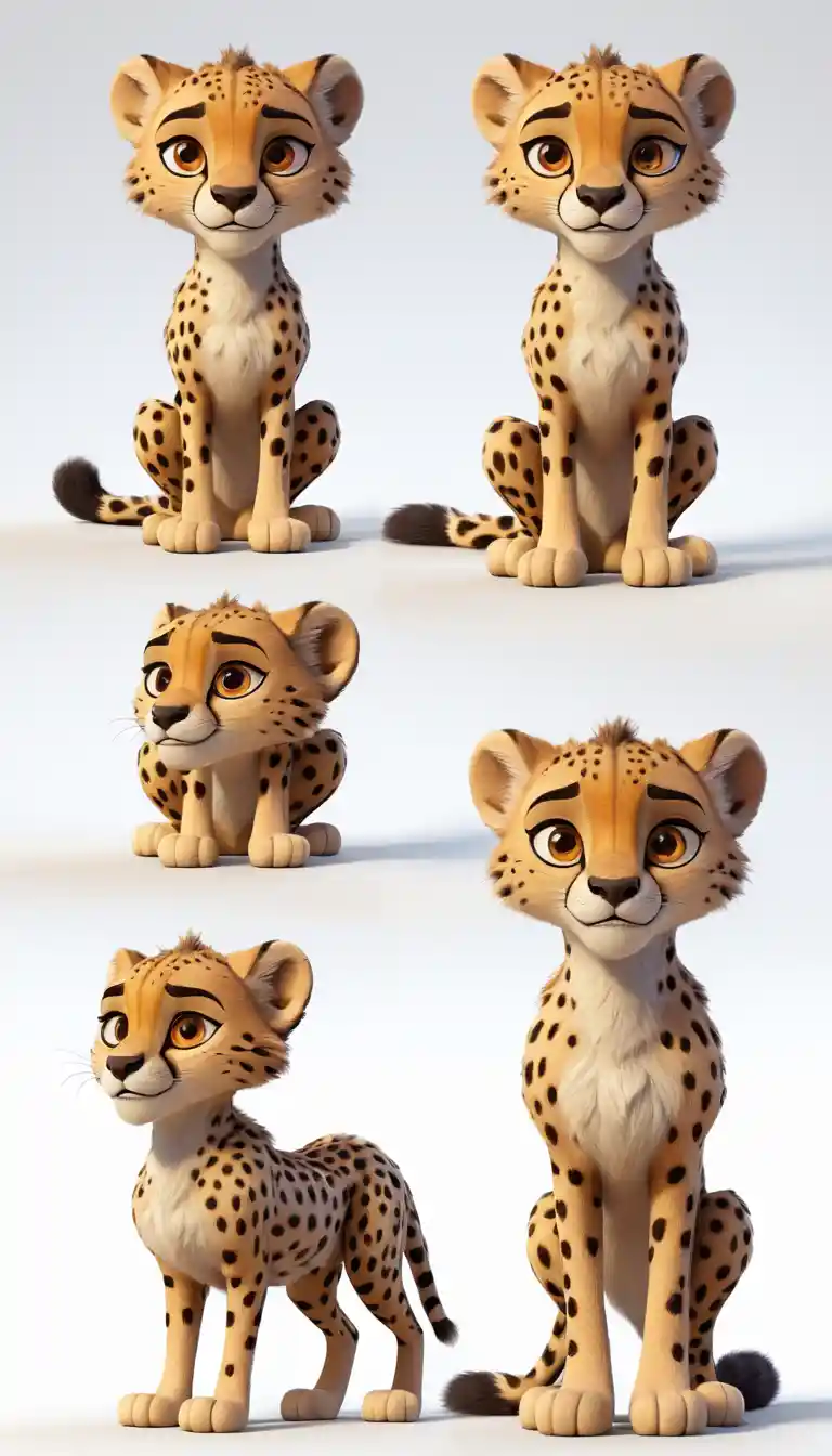 Cute 3D cheetah character sheet with expressive poses