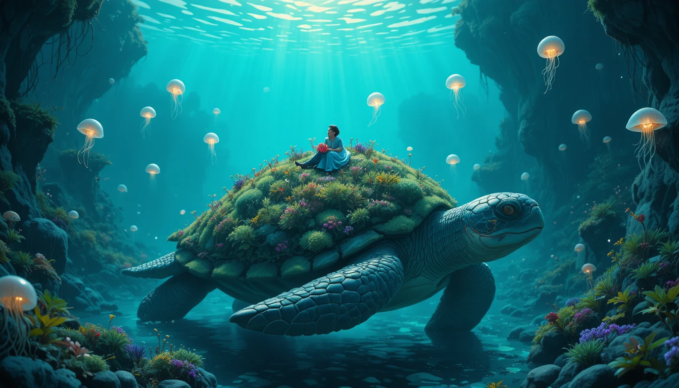 Traveler Sleeping On Moss Garden Turtle In Shallow Sea