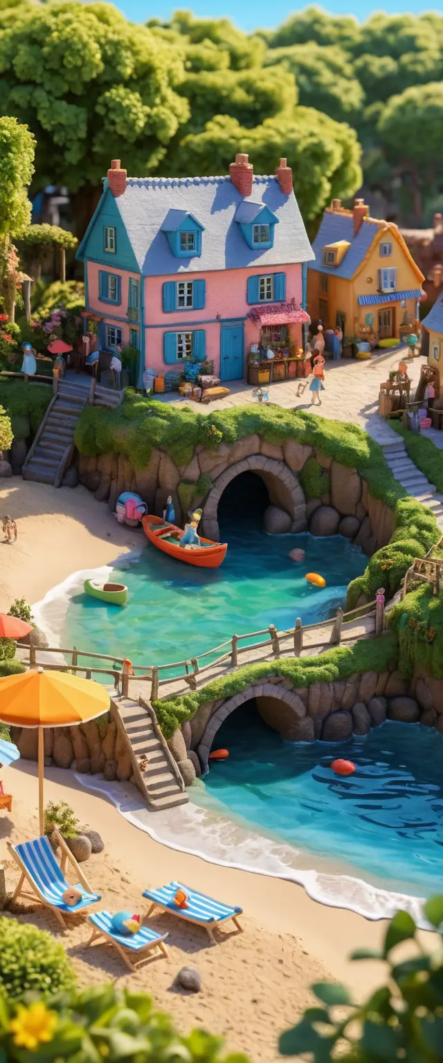 Cozy garden paradise illustration with miniature beach scene