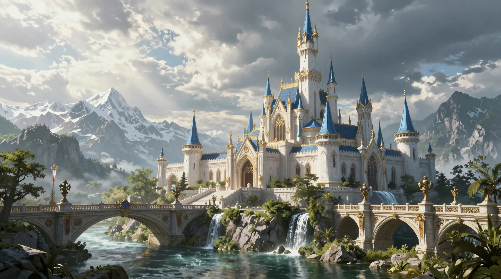 Majestic fantasy castle city rising from a mountain river