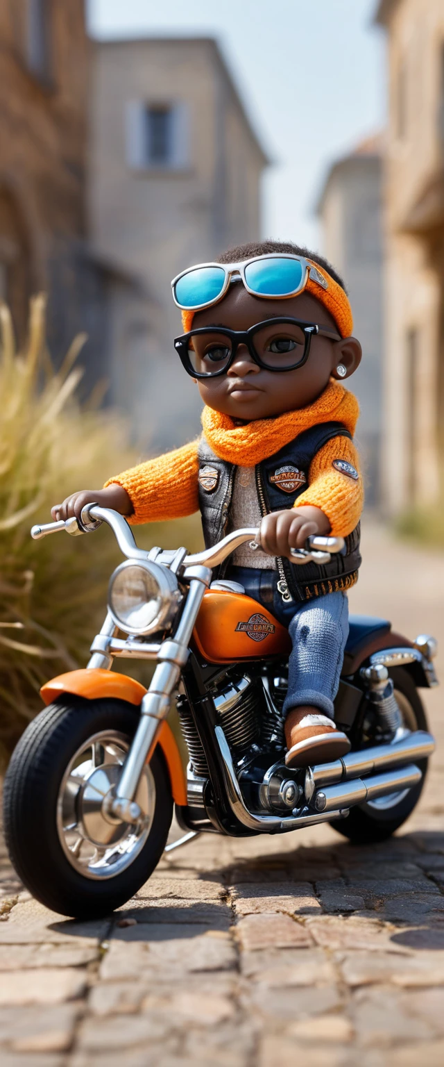 African baby biker riding a motorcycle through burning city