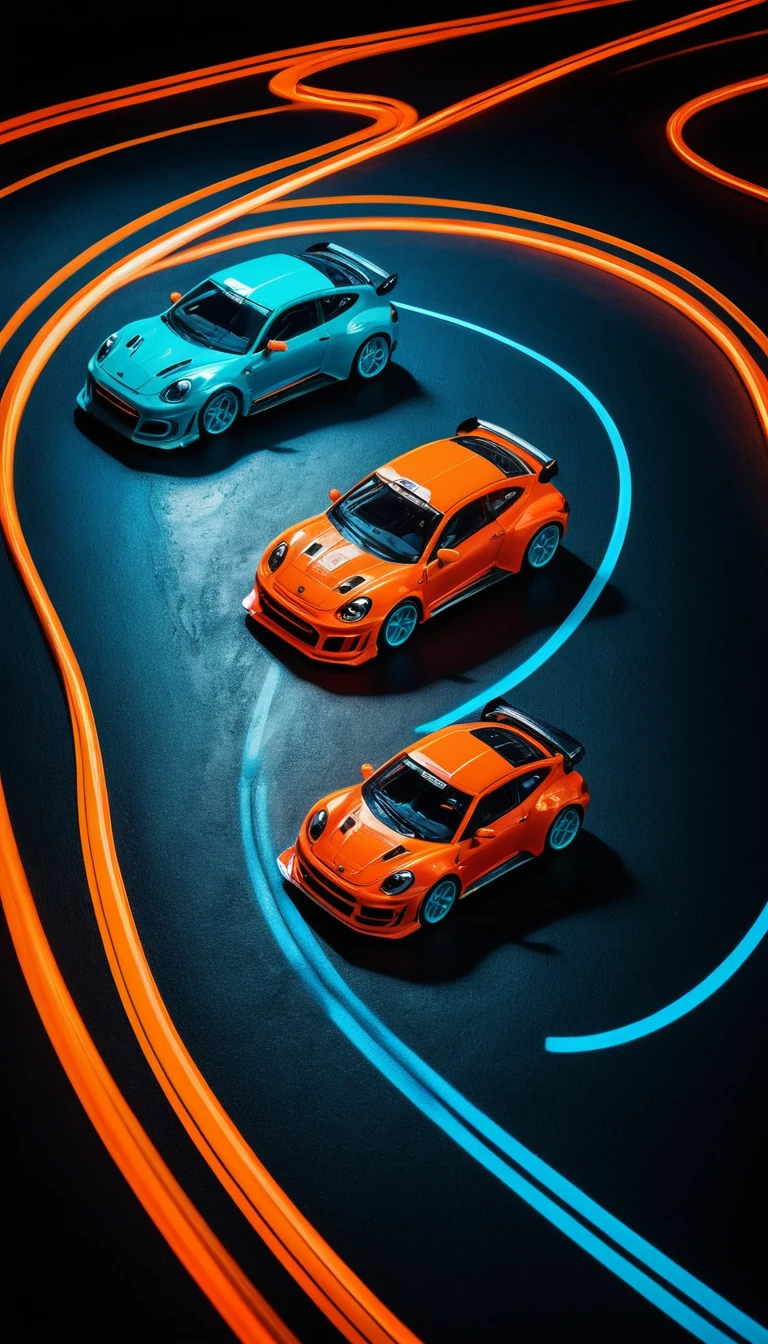 Miniature rally cars racing with neon light trails
