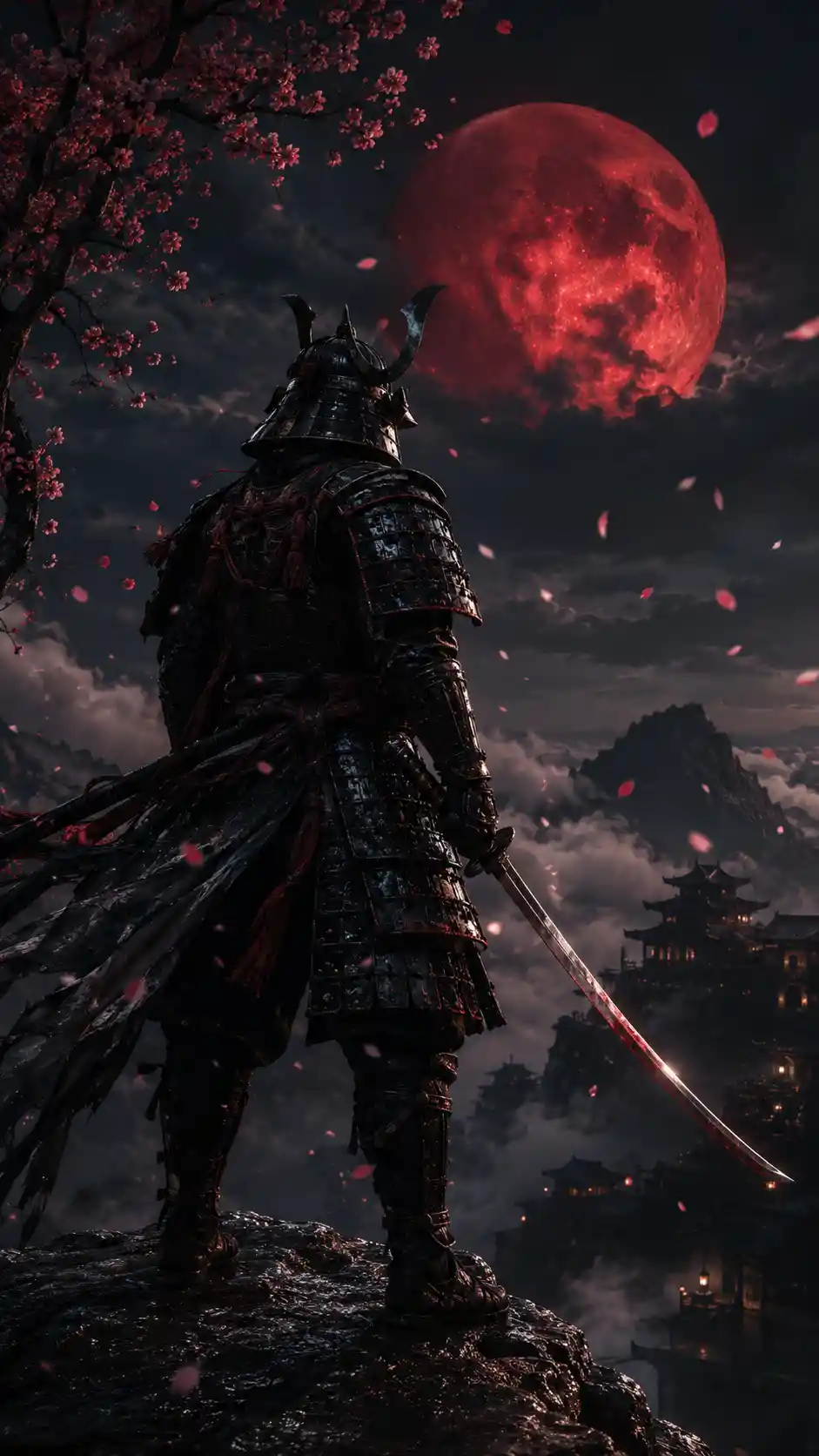 Lone samurai on a foggy mountain under a red moon