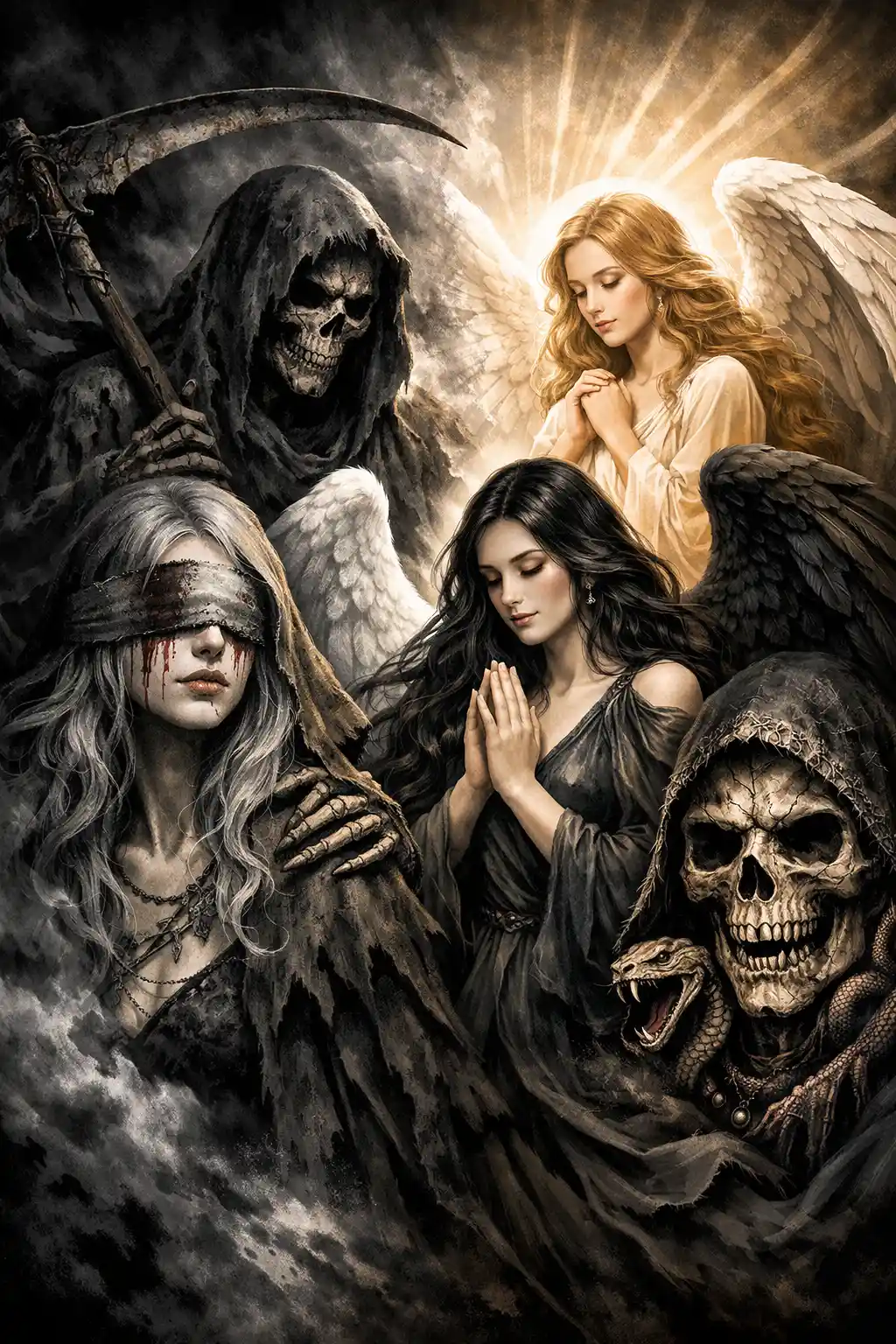 Angelic and grim figures balanced in a dark celestial design
