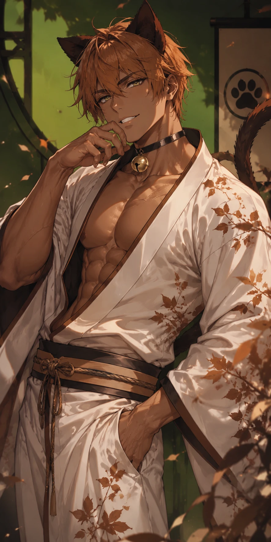 Confident muscular cat eared man in white leaf kimono