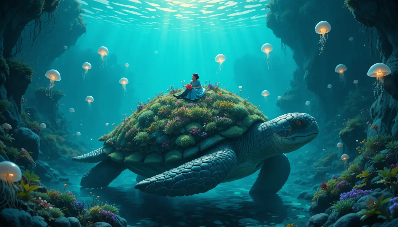 Traveler Sleeping On Moss Garden Turtle In Shallow Sea