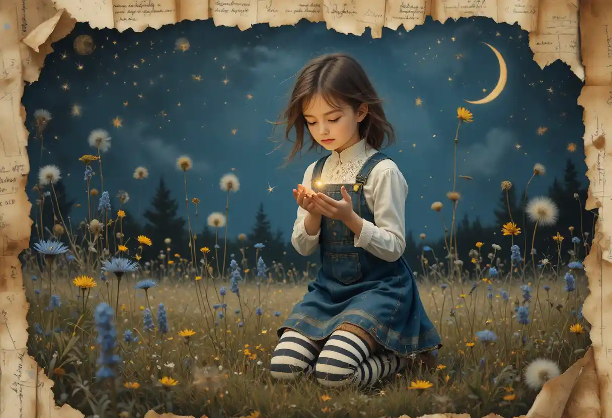 Girl Cradling A Firefly In A Moonlit Wildflower Meadow