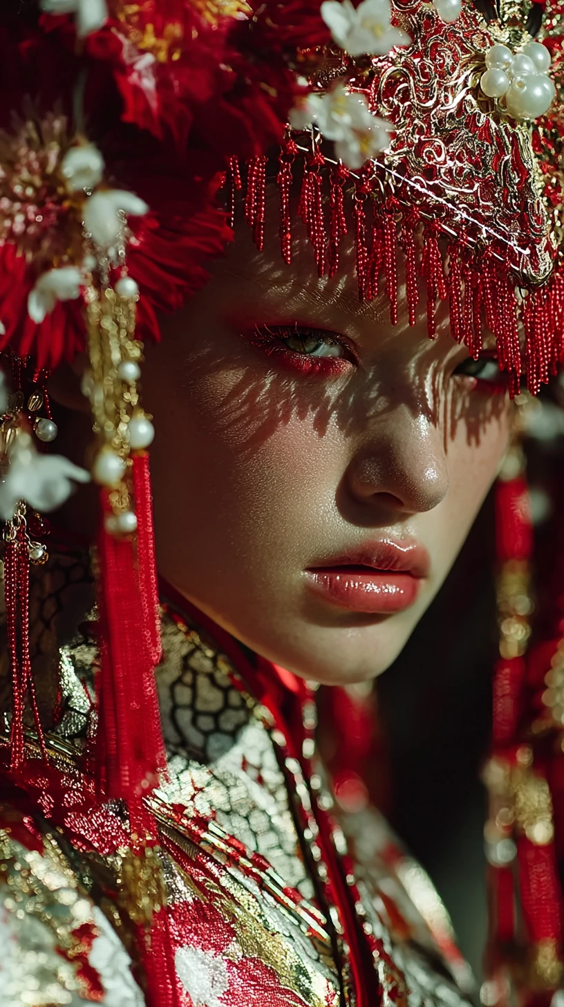 Japanese geisha supermodel in glossy couture kimono portrait