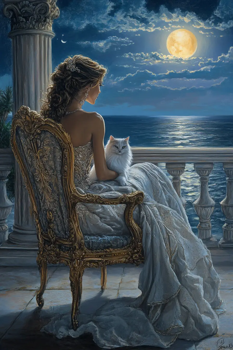 Elegant woman with cat on a moonlit villa balcony