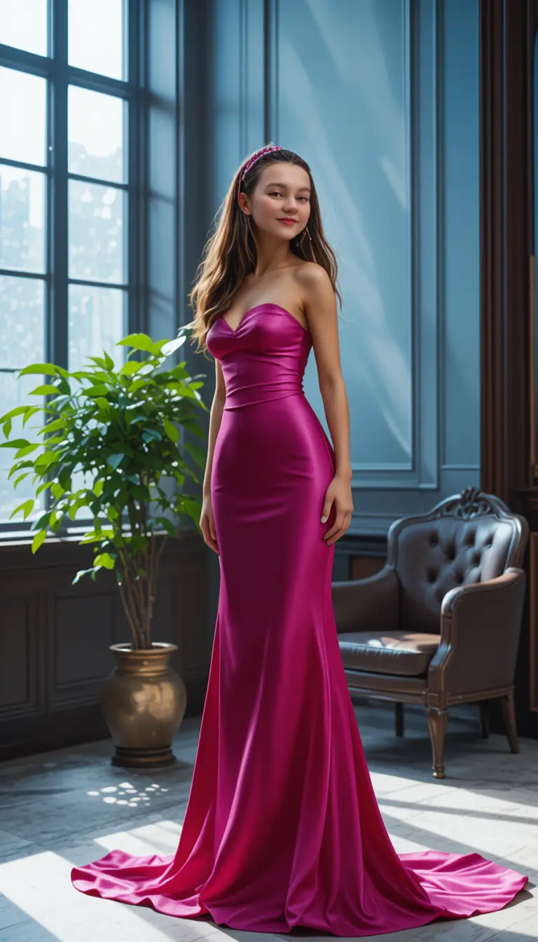 Elegant woman in fuchsia evening gown in luxury interior