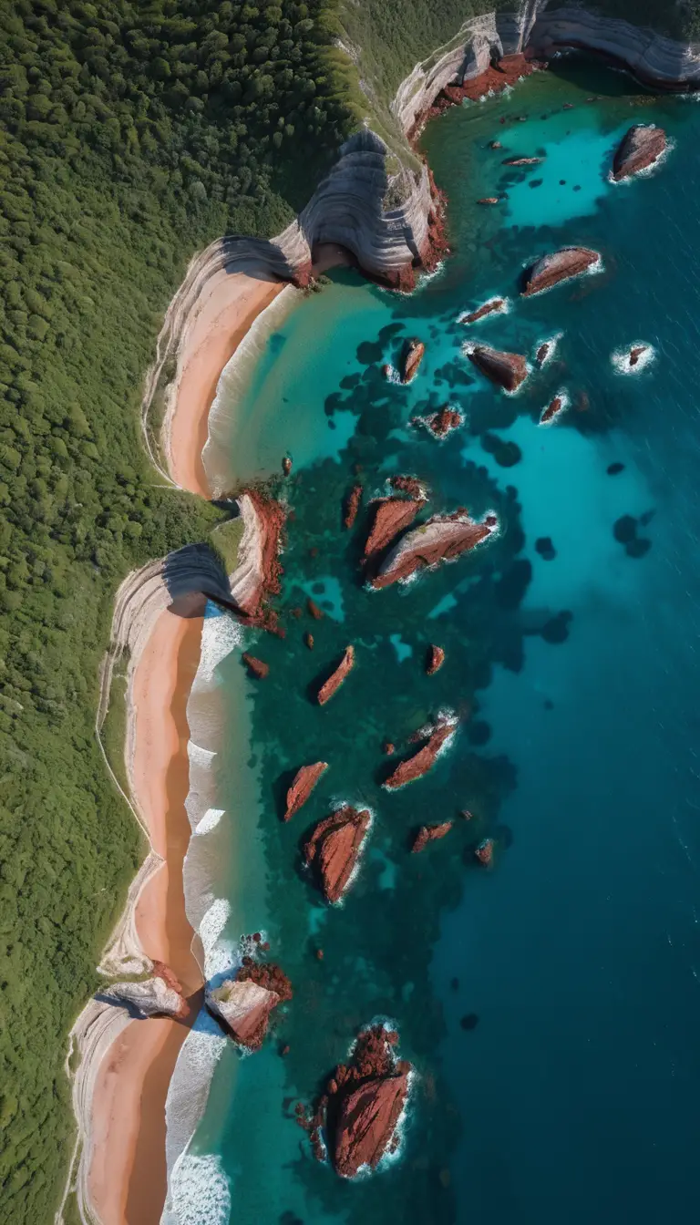 Aerial view of rugged tropical coastline with turquoise sea