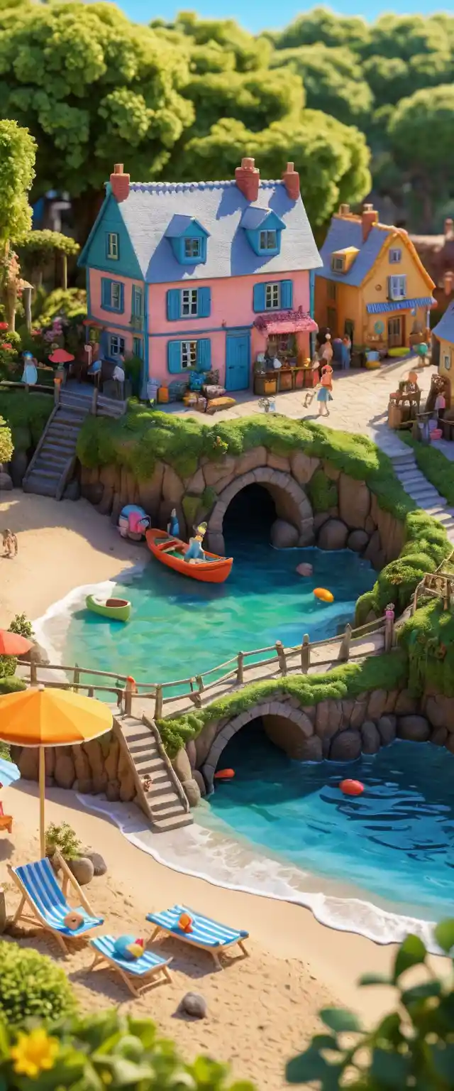 Cozy garden paradise illustration with miniature beach scene