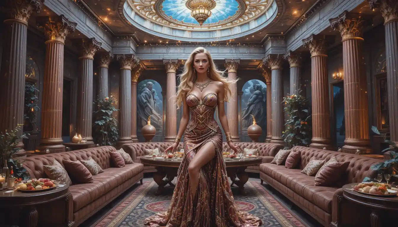Greek goddess reclining in a luxurious cloud temple feast